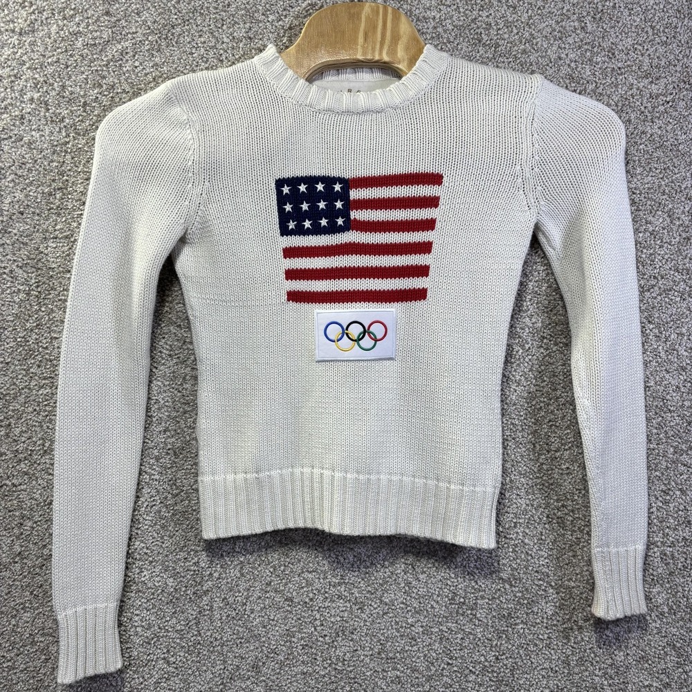 Team USA Sweater Women's Small White Olympics THRE3 Cotton Knit Flag Crewneck